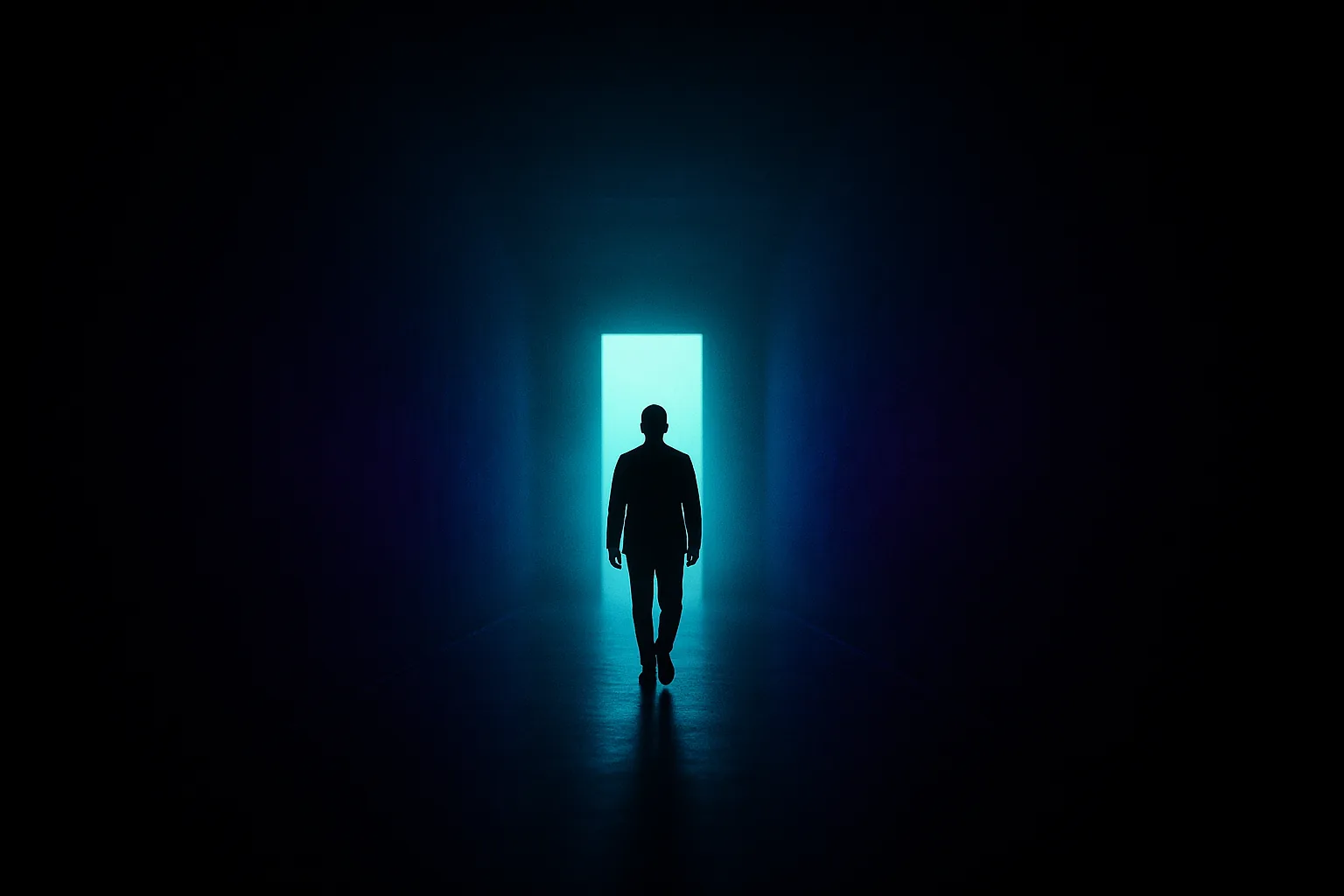 Silhueta caminhando em direção a uma porta iluminada